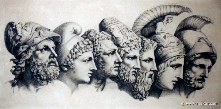 3715.jpg - 3715: Sieben Heldenköpfe vor 1800 aus Homerwerk. G. Morghen nach J. H. W. Tischbein. From left to right: Menelaus, Paris, Diomedes, Odysseus, Nestor, Achilles, and Agamemnon.