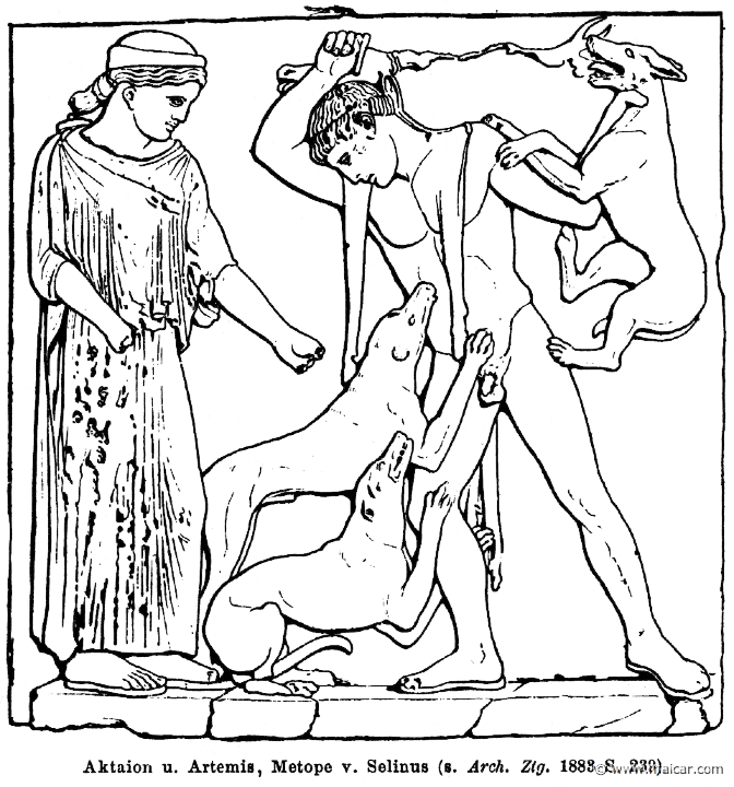 RI.1-0215.jpg - RI.1-0215: Artemis and Actaeon, attacked by his dogs. Wilhelm Heinrich Roscher (Göttingen, 1845- Dresden, 1923), Ausfürliches Lexikon der griechisches und römisches Mythologie, 1884.