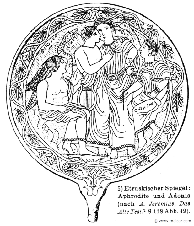 RV-0066.jpg - RV-0066: Aprodite and Adonis. Etruscan mirror. Wilhelm Heinrich Roscher (Göttingen, 1845- Dresden, 1923), Ausfürliches Lexikon der griechisches und römisches Mythologie, 1884.