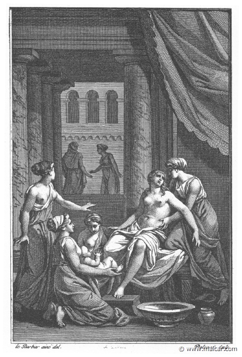 villenave02024.jpg - villenave02024: Birth of Heracles. "Alcmena is relieved; her prayers are answered and her child is born." (Ov. Met. 9.312). Guillaume T. de Villenave, Les Métamorphoses d'Ovide (Paris, Didot 1806–07). Engravings after originals by Jean-Jacques François Le Barbier (1739–1826), Nicolas André Monsiau (1754–1837), and Jean-Michel Moreau (1741–1814).