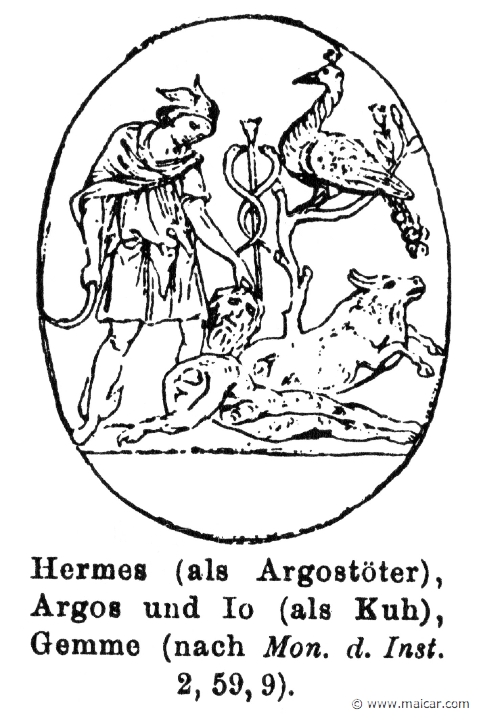 RII.1-0275.jpg - RII.1-0275: Hermes, Argus (already dead), and Io (the cow). Wilhelm Heinrich Roscher (Göttingen, 1845- Dresden, 1923), Ausfürliches Lexikon der griechisches und römisches Mythologie, 1884.