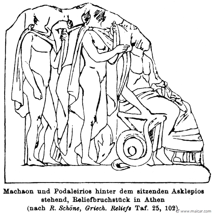 RIII.2-2590.jpg - RIII.2-2590: Machaon and Podalirius with Asclepius (sitting).Wilhelm Heinrich Roscher (Göttingen, 1845- Dresden, 1923), Ausfürliches Lexikon der griechisches und römisches Mythologie, 1884.