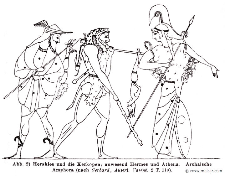 RII.1-1167b.jpg - RII.1-1167b: Heracles (between Hermes and Athena) carrying the Cercopes.Wilhelm Heinrich Roscher (Göttingen, 1845- Dresden, 1923), Ausfürliches Lexikon der griechisches und römisches Mythologie, 1884.