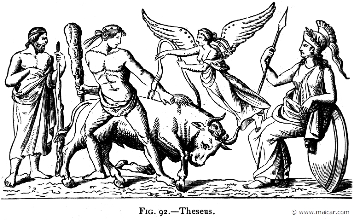 mur092.jpg - mur092: Theseus taming the Marathonian bull in the presence of Athena.Alexander S. Murray, Manual of Mythology (1898).