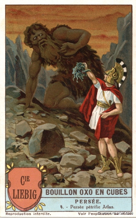 liebper04.jpg - liebper04: Perseus, holding the head of Medusa before Atlas, turns him into stone (the Mount Atlas). Liebig sets.