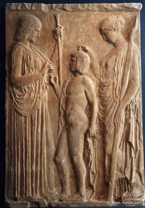 6433.jpg - 6433: Copy of Eleusinian relief ca. 440 BC depicting Demeter, Triptolemus and Persephone. Original in marble at the National Archaeological Museum, Athens. Archaeological Museum of Eleusis.
