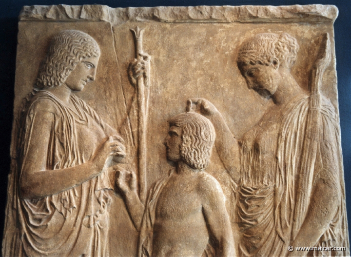 6434.jpg - 6434: Copy of Eleusinian relief ca. 440 BC depicting Demeter, Triptolemus and Persephone. Original in marble at the National Archaeological Museum, Athens. Detail. Archaeological Museum of Eleusis.