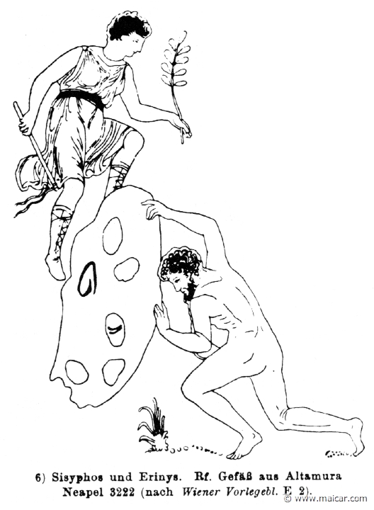 RIV-0971b.jpg - RIV-0971: Sisyphus, pushing the stone, watched by one of the Erinyes. Wilhelm Heinrich Roscher (Göttingen, 1845- Dresden, 1923), Ausfürliches Lexikon der griechisches und römisches Mythologie, 1884.