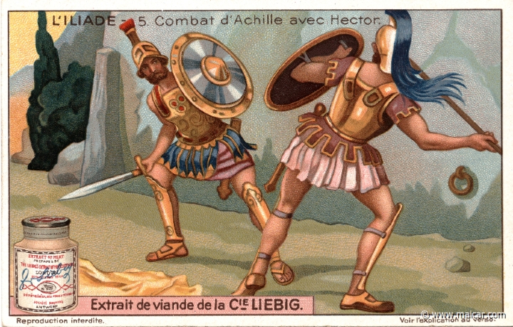 liebil05.jpg - liebil05: "Thus Hector charged, brandishing his sharp sword. Achilles sprang to meet him, inflamed with savage passion." (Homer, Iliad 22.310). Liebig sets.