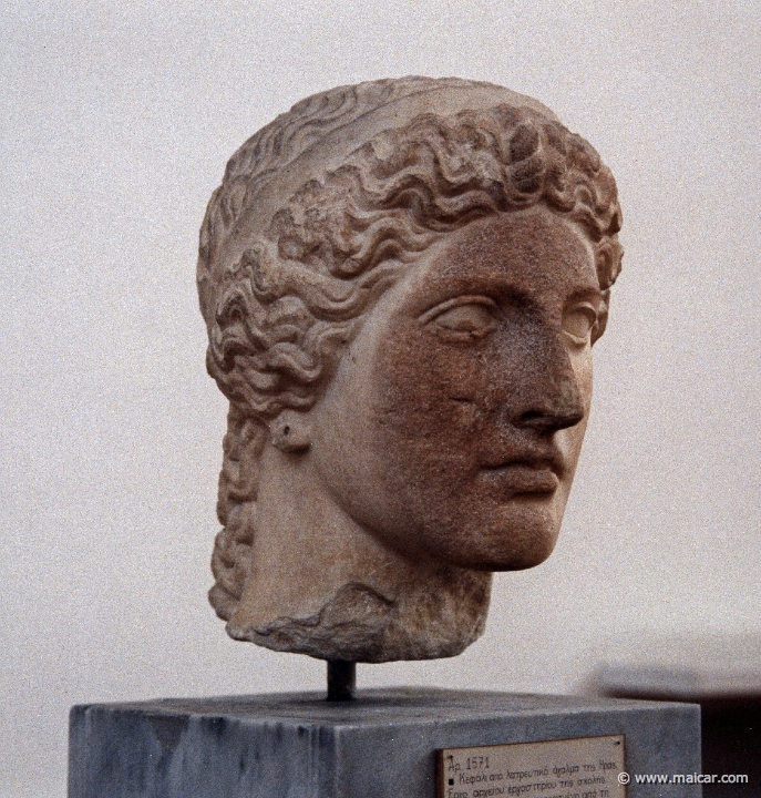 6305.jpg - 6305: Head of Hera from a cult statue. Work of an Argive workshop of the school of Polykleitos with Pheidian influence. Ca. 420 BC. Found at Argive Heraion. National Archaeological Museum, Athens.
