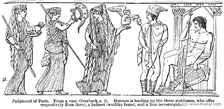 smi429.jpg - smi249: Judgment of Paris. Hermes leads the three goddesses (Aphrodite, Athena and Hera), who offer respectively Eros (love), a helmet (warlike fame), and a lion (sovereignty).Sir William Smith, A Smaller Classical Dictionary of Biography, Mythology, and Geography (1898).