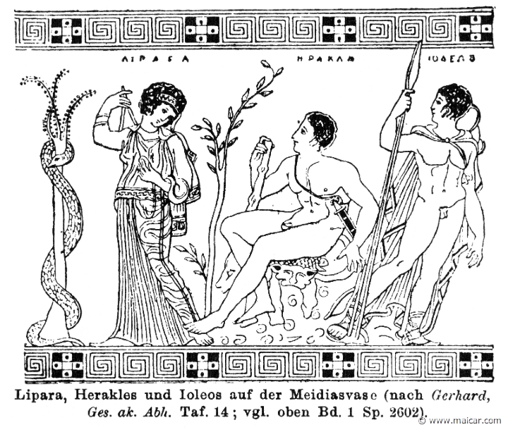 RII.1-0287.jpg - RII.1-0287: Lipara, Heracles, and Iolaus. Wilhelm Heinrich Roscher (Göttingen, 1845- Dresden, 1923), Ausfürliches Lexikon der griechisches und römisches Mythologie, 1884.