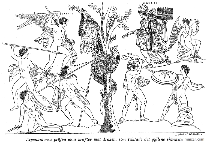 and255.jpg - and255: The Argonauts fighting the drake that guarded the Golden Fleece. Among others: Calais, Medea, Jason and Heracles. Hedda Anderson, Från Nordens, Greklands och Roms Sagotid (1905).
