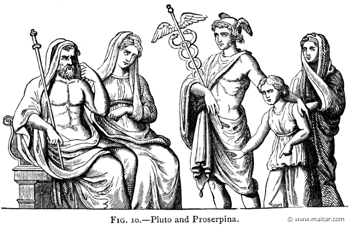 mur010.jpg - mur010: Hermes Psychopompos brings a soul before Hades and Persephone.Alexander S. Murray, Manual of Mythology (1898).