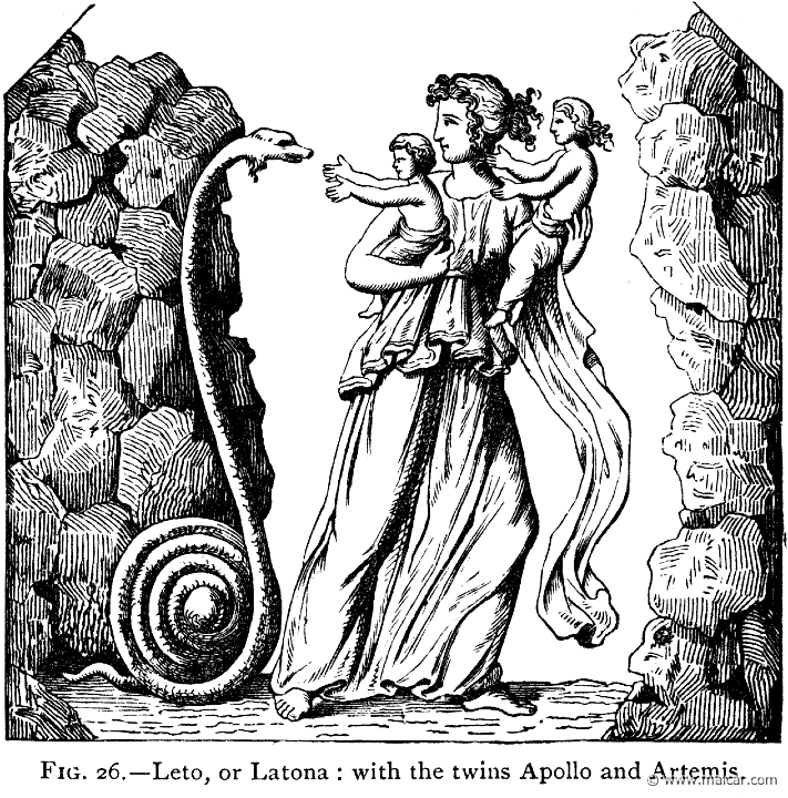 mur026.jpg - mur026: Leto with the twins Apollo and Artemis. Alexander S. Murray, Manual of Mythology (1898).