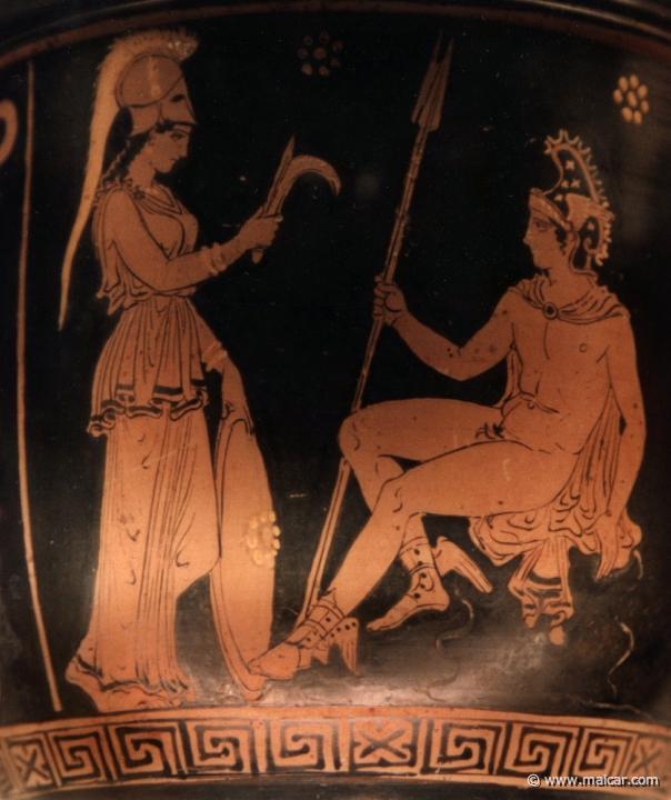 8208.jpg - 8208: Red-figured situla (bucket) with Athena giving Perseus a harpe (sickle) to cut off Medusa’s head. Apulian c. 370 BC. British Museum, London.