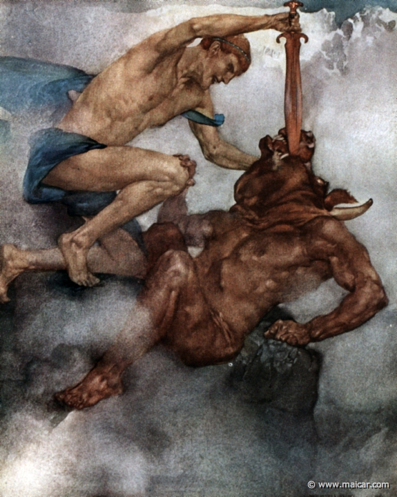 rus187.jpg - rus187: Theseus killing the Minotaur. Painting by William Russell Flint (1880-1969).Charles Kingsley, Grekiska Hjältesagor (1924, Swedish Edition of The Heroes). Paintings (watercolors) from 1911.