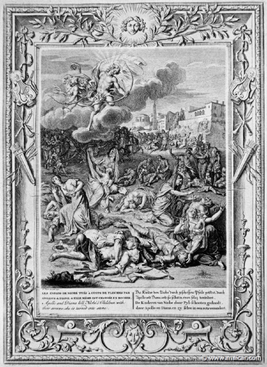 3117.jpg - 3117: Apollo and Diana kill Niobe’s children with their arrows. Bernard Picart (1673-1733), Fabeln der Alten (Musen-Tempel), 1754.