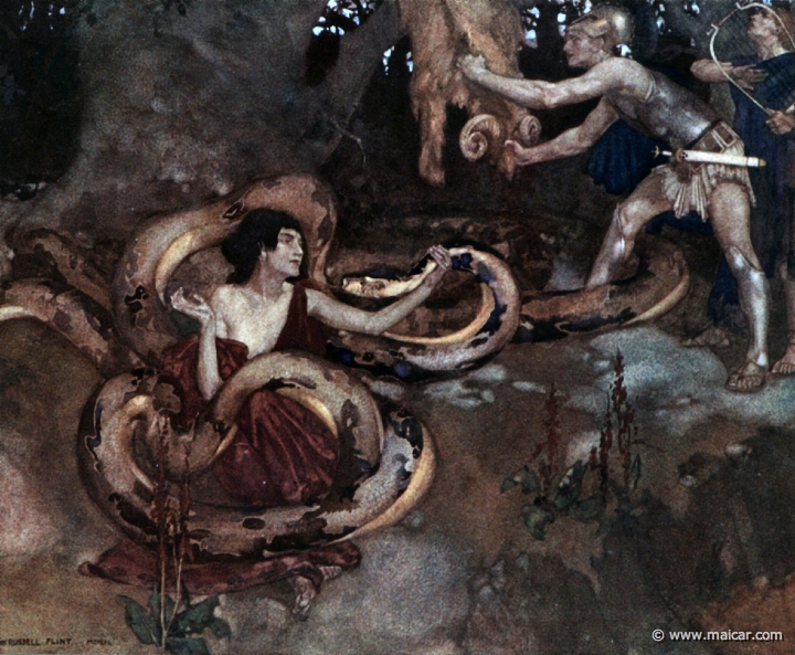 rus109.jpg - rus109: While Medea puts the Dragon to sleep, Jason , followed by Orpheus , takes the Golden Fleece. Painting by William Russell Flint (1880-1969).Charles Kingsley, Grekiska Hjältesagor (1924, Swedish Edition of The Heroes). Paintings (watercolors) from 1911.