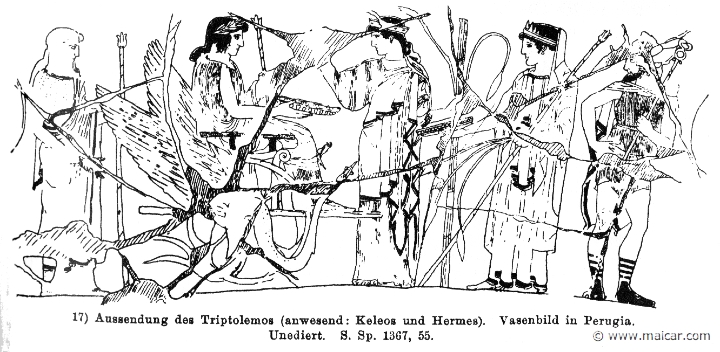 RII.1-1370.jpg - RII.1-1370: Departure of Triptolemus. Present Celeus (left) and Hermes (right). Wilhelm Heinrich Roscher (Göttingen, 1845- Dresden, 1923), Ausfürliches Lexikon der griechisches und römisches Mythologie, 1884.