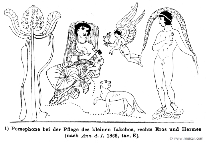 RVI-0537.jpg - RVI-0537: Persephone nursing Dionysus. To the right, Eros and Hermes. Wilhelm Heinrich Roscher (G√∂ttingen, 1845- Dresden, 1923), Ausf√ºrliches Lexikon der griechisches und r√∂misches Mythologie, 1884.