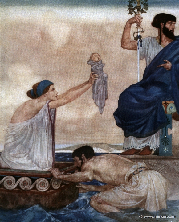 king010.jpg - king010: Acrisius puts his daughter and her child (Perseus) into a chest, and casts it into the sea. Painting by William Russell Flint (1880-1969). Charles Kingsley, Grekiska Hjältesagor (1924, Swedish Edition of The Heroes). Paintings (watercolors) from 1911.