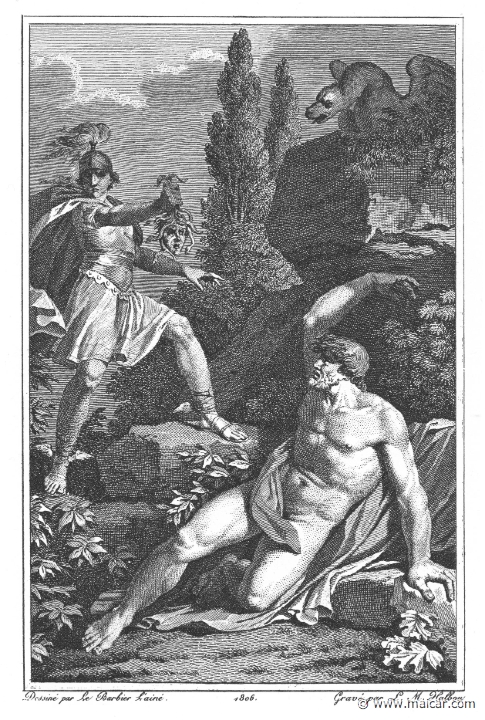 villenave01145.jpg - villenave01145: Perseus and Atlas. "... and, himself turning his back, he held out from his left hand the ghastly Medusa-head." (Ov. Met. 4.655). Guillaume T. de Villenave, Les Métamorphoses d'Ovide (Paris, Didot 1806–07). Engravings after originals by Jean-Jacques François Le Barbier (1739–1826), Nicolas André Monsiau (1754–1837), and Jean-Michel Moreau (1741–1814).