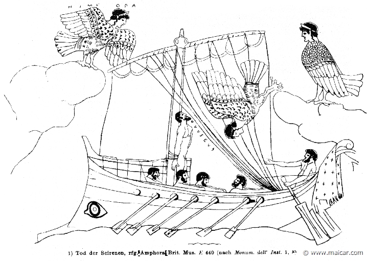 RIV-0605.jpg - RIV-0605: Death of the Sirens. Odysseus is tied to the mast. Wilhelm Heinrich Roscher (Göttingen, 1845- Dresden, 1923), Ausfürliches Lexikon der griechisches und römisches Mythologie, 1884.