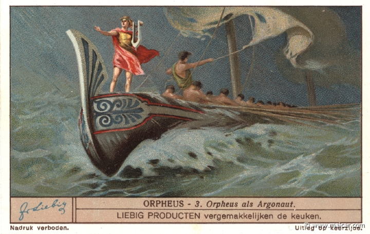 lieborf03.jpg - lieborf03: Orpheus is counted among the ARGONAUTS. When they sailed past the SIRENS, Orpheus, by chanting a counter melody restrained all of them except Butes, who swam off to the SIRENS. Liebig sets.