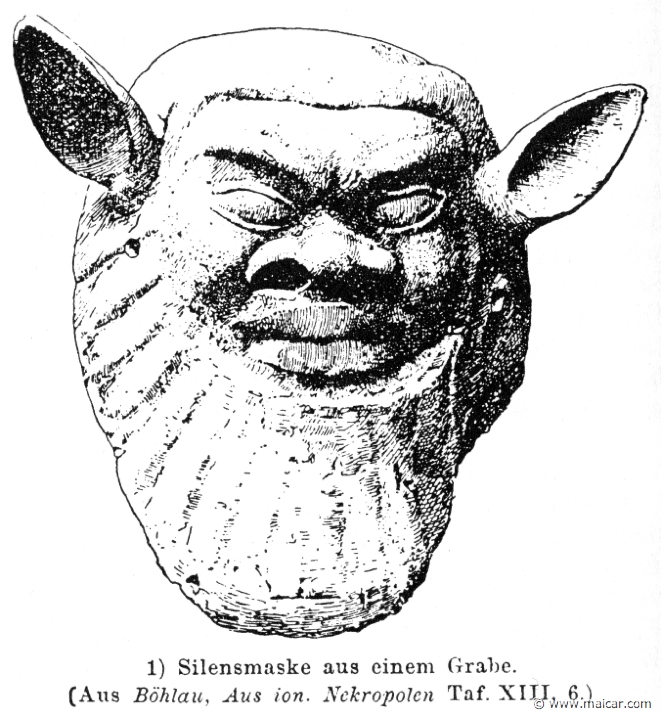 RIV-0600.jpg - RIV-0600: Mask of Silenus from a grave. Wilhelm Heinrich Roscher (Göttingen, 1845- Dresden, 1923), Ausfürliches Lexikon der griechisches und römisches Mythologie, 1884.