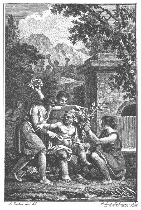 villenave02089.jpg - villenave02089: Silenus taken by the Phrygians. "But Silenus was not there. Him, stumbling with the weight of years and wine, the Phrygian rustics took captive." (Ov. Met. 11.90). Guillaume T. de Villenave, Les Métamorphoses d'Ovide (Paris, Didot 1806–07). Engravings after originals by Jean-Jacques François Le Barbier (1739–1826), Nicolas André Monsiau (1754–1837), and Jean-Michel Moreau (1741–1814).