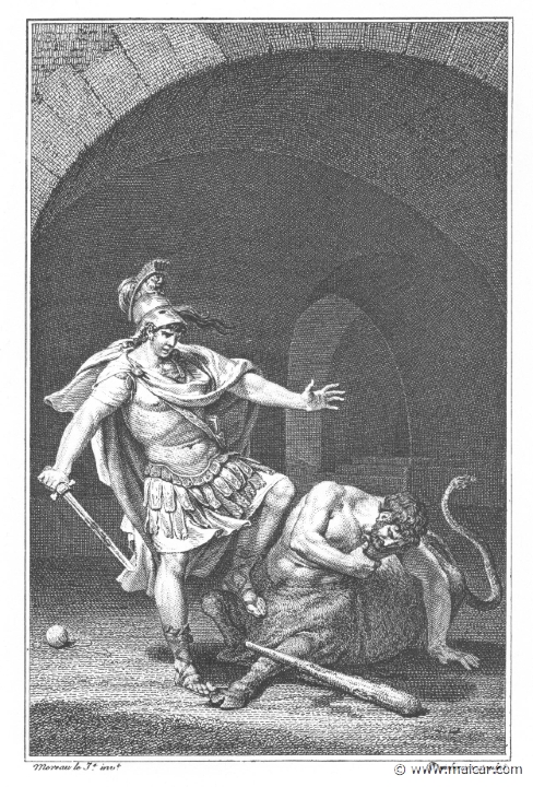villenave01265.jpg - villenave01265: Theseus and the Minotaur. "By Ariadne's help, Theseus found the entrance, which no one had ever reached before, by winding up the thread." (Ov. Met. 8.172). Guillaume T. de Villenave, Les Métamorphoses d'Ovide (Paris, Didot 1806–07). Engravings after originals by Jean-Jacques François Le Barbier (1739–1826), Nicolas André Monsiau (1754–1837), and Jean-Michel Moreau (1741–1814).