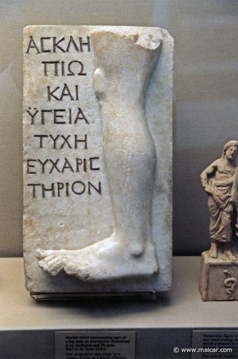 8310.jpg - 8310: Marble relief representing part of a leg. Thank offering for a cure of some affliction of the left leg. The inscription reads: "Tyche thanks Asclepius and Hygia." Melos. British Museum, London.