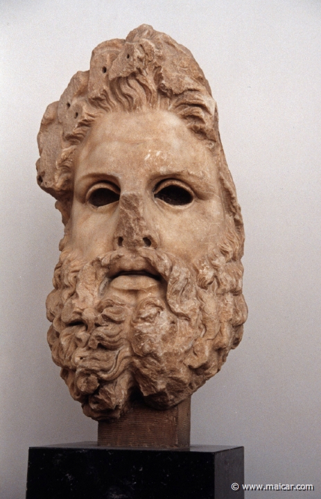 6216.jpg - 6216: Large head of Zeus, from a statue (the arm and the finger also belongs to it). Found at Aigeira, northern Peloponnese. Work of the sculptor  Eukleides 2C BC. National Archaeological Museum, Athens.
