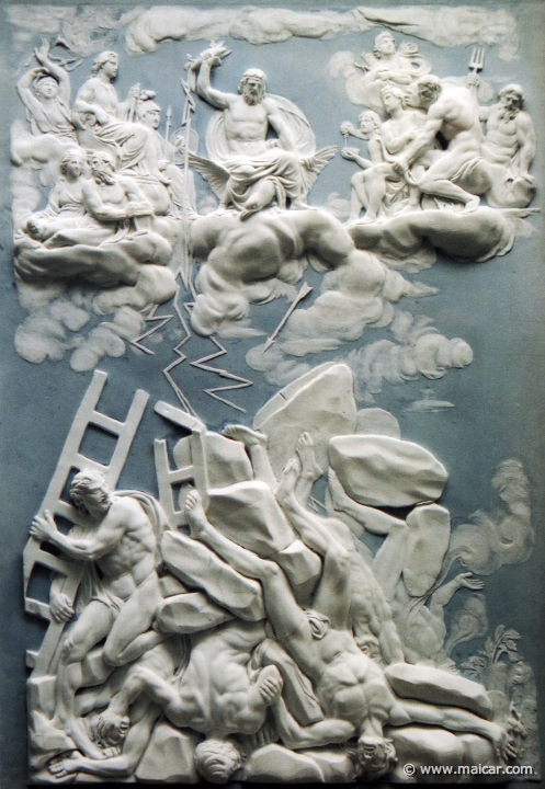 9913.jpg - 9913: Júpiter y los gigantes. Cerámica (Estilo Wedgwood). Real Fábrica de Porcelana del Buen Retiro. Fines del s. XVIII. Museo Nacional del Prado.