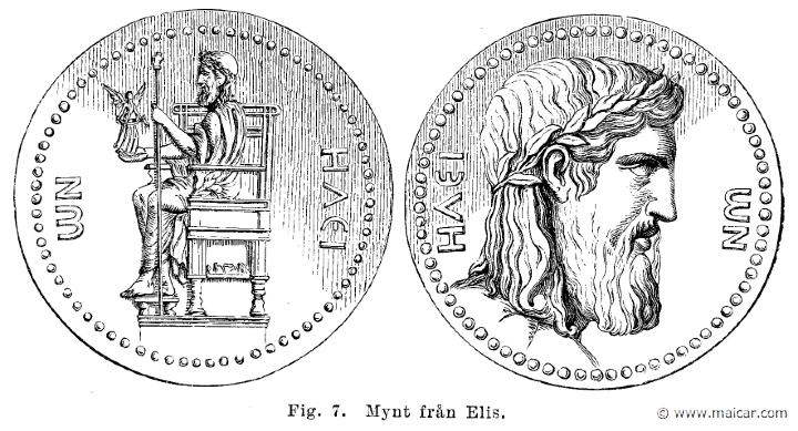 see016.jpg - see016: Zeus holding Nike. Coins from Elis (Florence and Paris).Otto Seemann, Grekernas och romarnes mytologi (1881).