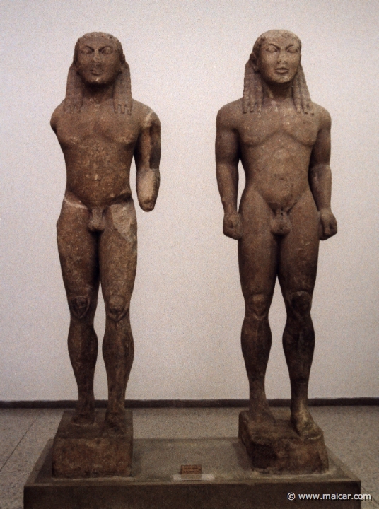 6001.jpg - 6001: Archaic statues representing the brothers Cleobis and Biton. Made by an Argive artist (Polymedes?), c. 600 BC. Archaeological Museum, Delphi.