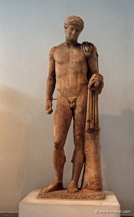 6221.jpg - 6221: Hermes of Aigion. Remains of the caduceus (Kerykeion) and the purse are preserved in his left and right hand respectively. From Aigion, North Peloponnese, Augustan period (27 BC-AD 14). National Archaeological Museum, Athens.