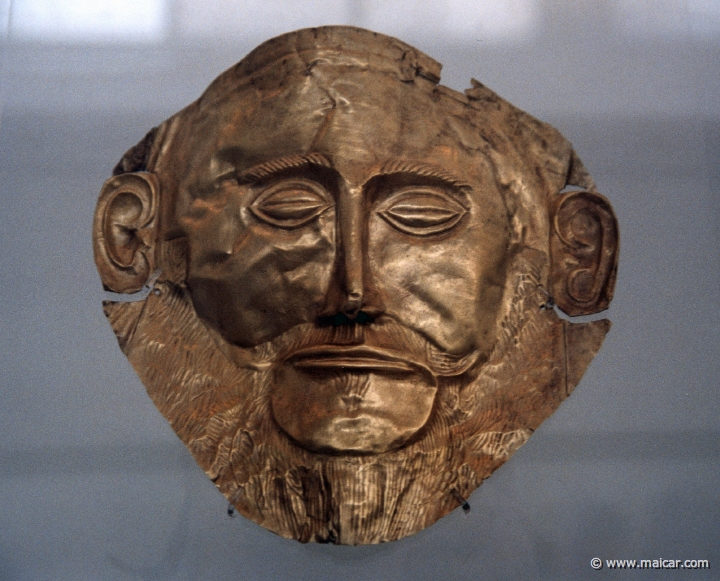 6330.jpg - 6330: Gold death-mask, Schliemann’s Agamemnon. Finds from Shaft Grave V of Grave Circle A at Mycenae, 2nd half of the 16th century BC. National Archaeological Museum, Athens.
