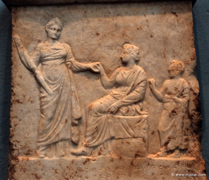 6513.jpg - 6513: Inscribed stele. Demeter, Kore, and a suppliant. 4C BC. Archaeological Museum of Eleusis.
