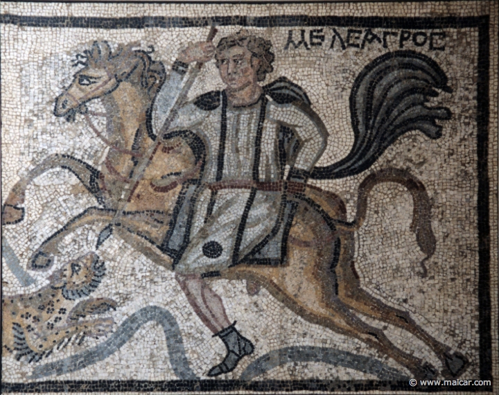 8105.jpg - 8105: Part of panel from a mosaic pavement. Roman 4th century AD: Meleager, on horseback, spears a leopard. British Museum, London.