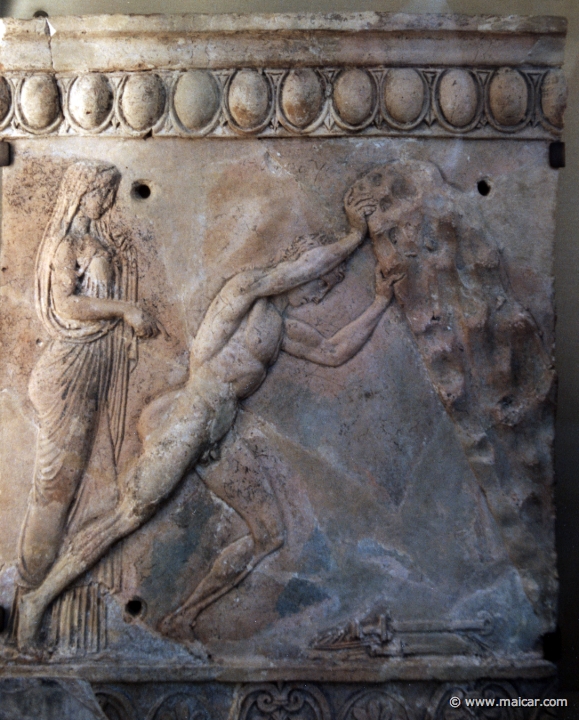 8303.jpg - 8303: Theseus lifting the rock. Terracotta relief plaque. Roman 1st century BC or AD. British Museum, London.