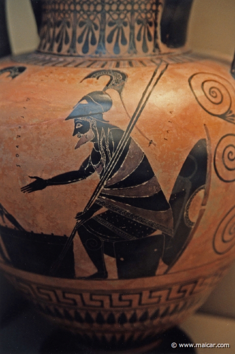 8313.jpg - 8313: Black-figured amphora (storage-jar). Ajax (left) and Achilles playing a game resembling backgammon. Athens c. 520 BC. British Museum, London.