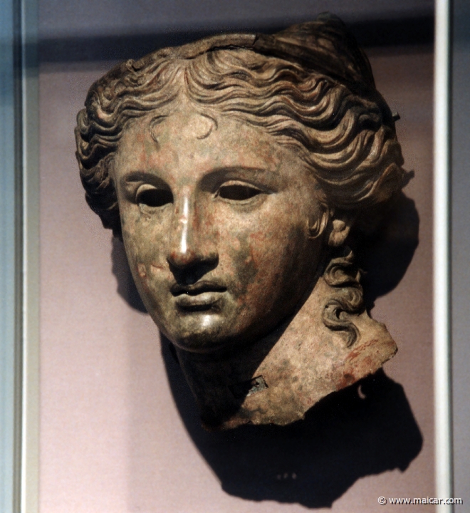 8334.jpg - 8334: Head from a bronze cult statue of Anahita, a local goddess shown here in the guise of Aphrodite, 200-100 BC. Found at Satala in NE Asia Minor (Armenia Minor). British Museum, London.