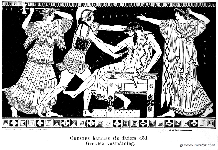 ber064.jpg - ber064: Orestes avenging his father (Electra, Orestes, Aegisthus, Clytaemnestra).Hugo Bergstedt, Grekernas och Romarnes Mytologi (P. A Norstedt & Söners Förlag, Stockholm, 1909).