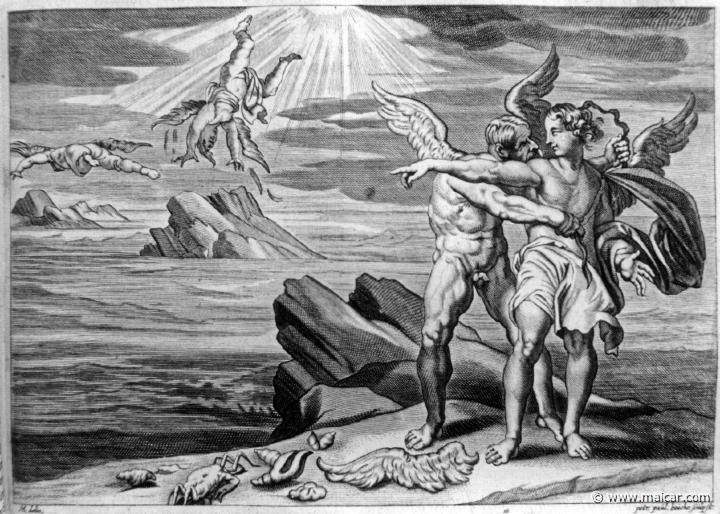 2723.jpg - 2723: Daedalus and Icarus.Les METAMORPHOSES D’OVIDE EN LATIN ET FRANÇOIS, DIVISÉES EN XV LIVRES. TRADUCTION DE Mr. PIERRE DU-RYER PARISIEN, DE L’ACADEMIE FRANÇOISE. MDCLXXVII.