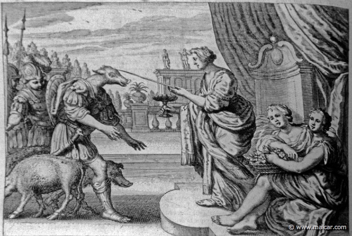 2823.jpg - 2823: Circe turns Odysseus' companions into pigs.Les METAMORPHOSES D’OVIDE EN LATIN ET FRANÇOIS, DIVISÉES EN XV LIVRES. TRADUCTION DE Mr. PIERRE DU-RYER PARISIEN, DE L’ACADEMIE FRANÇOISE. MDCLXXVII.