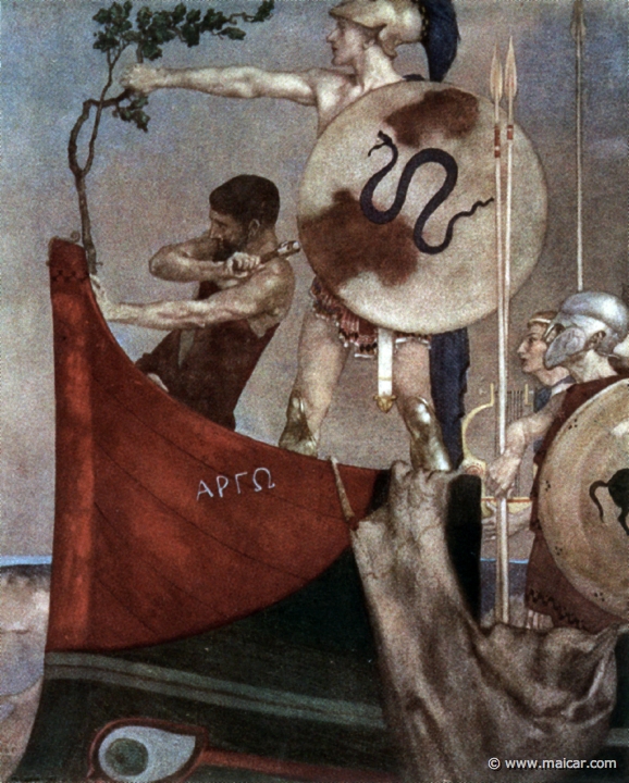 king080.jpg - rus080: The Argonauts fit in a speaking timber from the oak of Dodona in the prow of the "Argo". Painting by William Russell Flint (1880-1969). Charles Kingsley, Grekiska Hjältesagor (1924, Swedish Edition of The Heroes). Paintings (watercolors) from 1911.