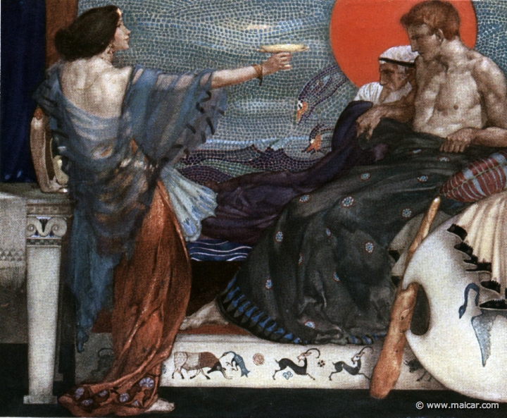 king174.jpg - rus174: Medea, offering the poisoned cup to Theseus, who sits beside his father, King Aegeus. Painting by William Russell Flint (1880-1969). Charles Kingsley, Grekiska Hjältesagor (1924, Swedish Edition of The Heroes). Paintings (watercolors) from 1911.