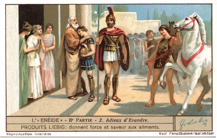 liebaen2.2.jpg - liebaen2.2: The old Arcadian Evander, now king of Pallantium on the banks of the river Tiber, embraces his son Pallas as he departs to join Aeneas in his war against Turnus. Liebig sets.